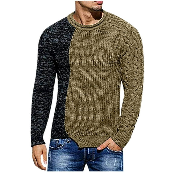 IROINNID Men's Sweater Round Neck Long Sleeve Jumper Mid-Length Color Block Leisure Pullover Autumn Winter Patchwork Color Low Sweater