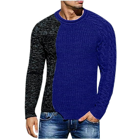IROINNID Men's Sweater Round Neck Long Sleeve Jumper Mid-Length Color Block Leisure Pullover Autumn Winter Patchwork Color Low Sweater