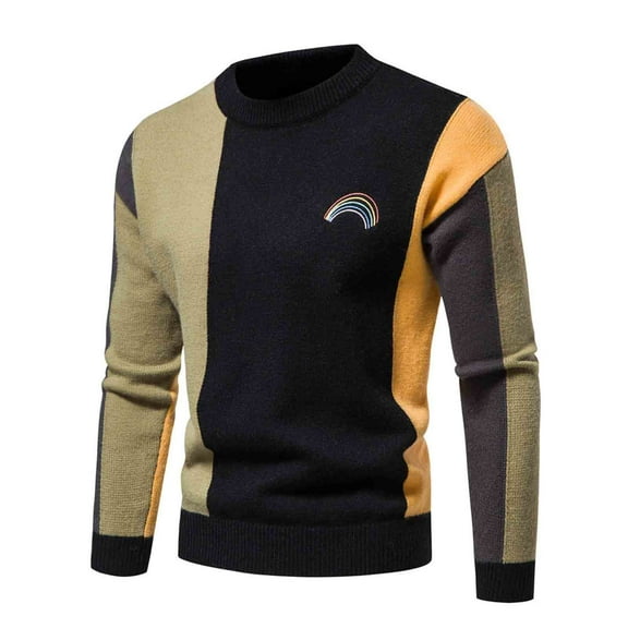 IROINNID Men's Sweater Round Neck Long Sleeve Jumper Mid-Length Contrast Color Comfy Pullover Autumn And Winter Sweater Bottom Sweater
