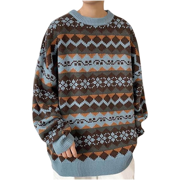 IROINNID Men's Sweater Round Neck Long Sleeve Jumper Mid-Length Graphic Prints Casual Pullover Lattice Sweater