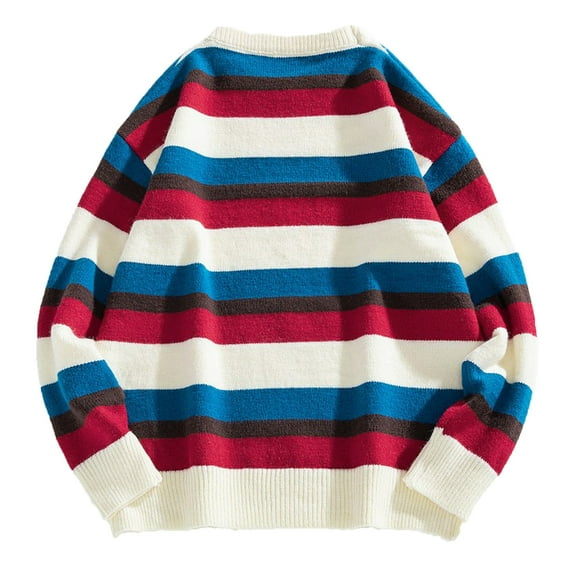 IROINNID Men's Sweater Round Neck Long Sleeve Jumper Mid-Length Stripes Comfy Pullover Color Matching Neck Sweater Sports Sweater Bottoming Shirt