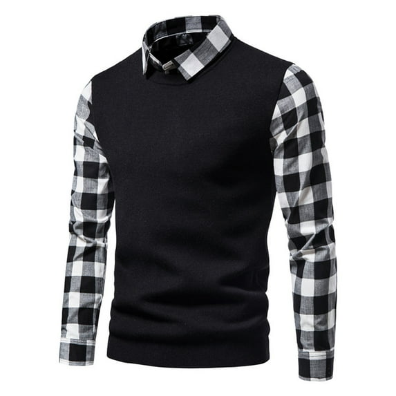 IROINNID Men's Sweater Turndown Lapel Long Sleeve Knit Short Plaid Leisure Shirt Lattice Fake Two Splicing Turndown Sweater