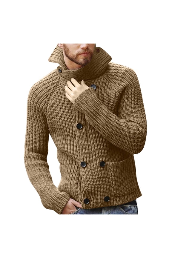 Men's Sweater Turtleneck Long Sleeve Button Down Mid-Length Solid Color Comfy Autumn And Winter Double Breasted Sweater