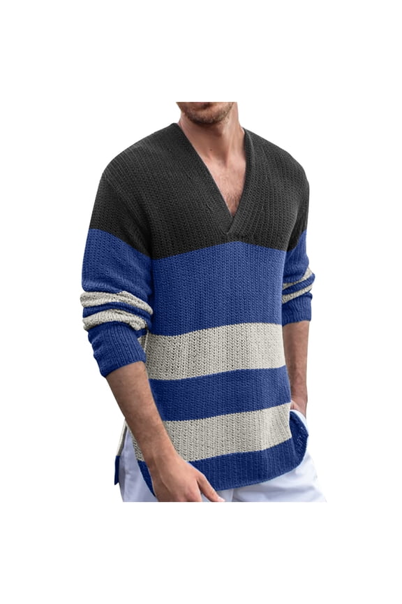 Men's Sweater V-Neck Long Sleeve Jumper Mid-Length Stripes Warm Pullover Autumn And Winter Sweater Jacket