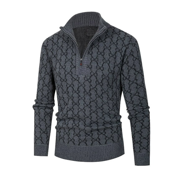 IROINNID Men's Sweater V-Neck Long Sleeve Quarter Zip Mid-Length Plaid Knit Pullover Half High Neck Sweater Snow cloth Imitation Stand Collar Top Sweater