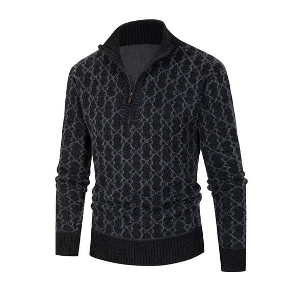 IROINNID Men's Sweater V-Neck Long Sleeve Quarter Zip Mid-Length Plaid Knit Pullover Half High Neck Sweater Snow cloth Imitation Stand Collar Top Sweater
