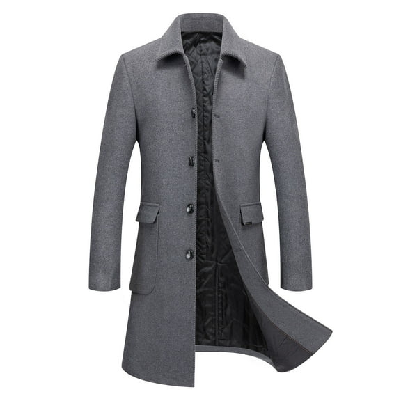 IROINNID Men's Trench coat Turndown Lapel Long Sleeve Solid Color Loose Autumn And Winter Business Medium Long Woolen Overcoat Stand Up Collar Plus Cotton Thickened Warm Coat