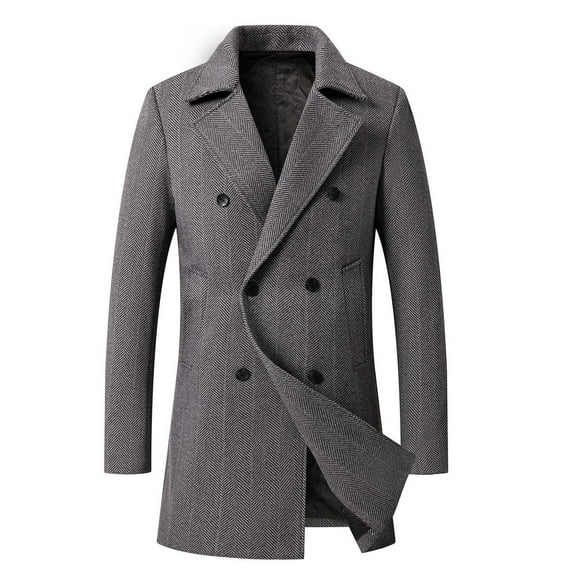 IROINNID Men's Trench coat V-Neck Notch Lapel Long Sleeve Solid Color Casual Autumn And Winter Business Woolen Coat Double Breasted Lapel Mid Length Coat