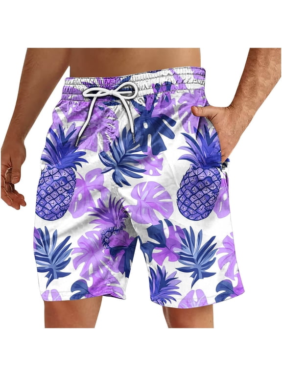 Men's Tropical Pineapple Leaf Print Quick Dry Beach Board Shorts with Drawstring Elastic Waist and Side Pockets Summer Vacation Casual Swim Trunks