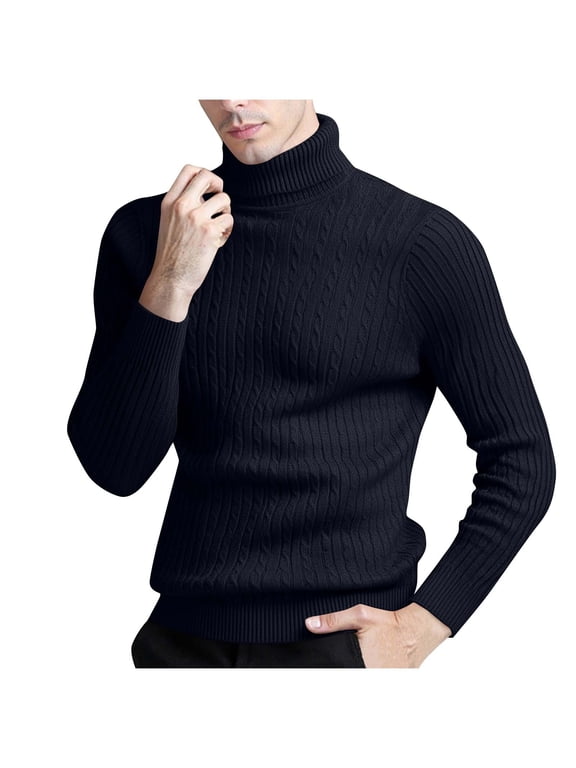 Men's Turtleneck Cable Knit Sweater Slim Fit Long Sleeve Thermal Pullover Top Casual Winter Warm Essential Ribbed Trim Everyday Wardrobe Staple