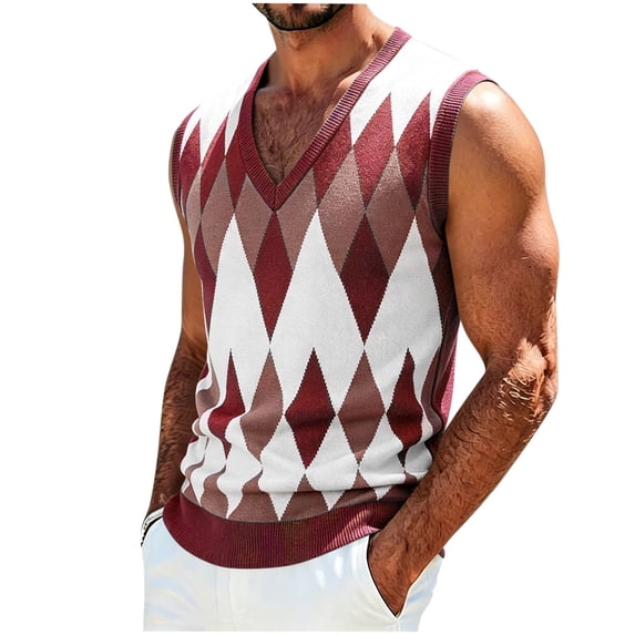 IROINNID Men's V-Neck Argyle Knit Sweater Vest Sleeveless Pullover Tank Top Casual Diamond Pattern Layering Essential for Business Office and Weekend Daily Wear