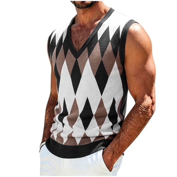 IROINNID Men's V-Neck Argyle Knit Sweater Vest Sleeveless Pullover Tank Top Casual Diamond Pattern Layering Essential for Business Office and Weekend Daily Wear