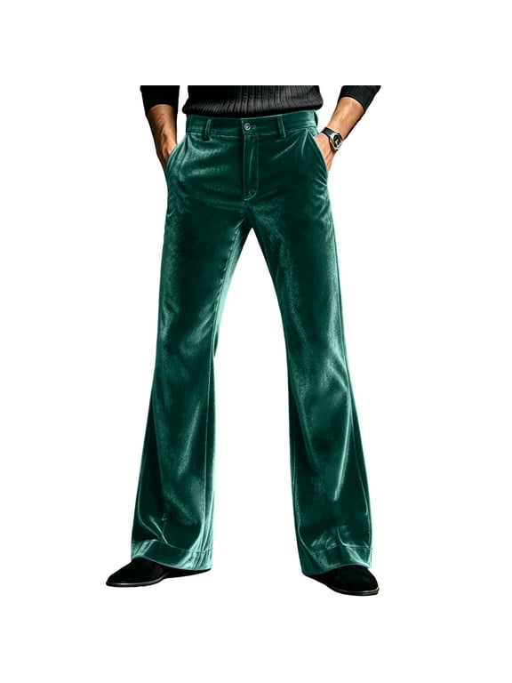 Men's Velvet Flare Pants Button Closure High Waist Bell Bottom Trousers with Side Pockets Relaxed Fit Retro Style Casual Bottoms for Fall Winter