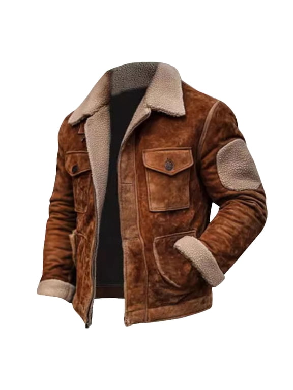 Men's Vintage Sherpa Lined Faux Suede Jacket Turn Down Collar Utility Winter Coat with Multiple Pockets Elbow Patch Warm Outdoor Top