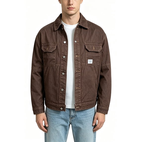 IROINNID Men's Vintage Workwear Denim Jacket Long Sleeve Turndown Collar Snap Button Front with Flap Chest Pockets Casual Trucker Coat for Everyday Style