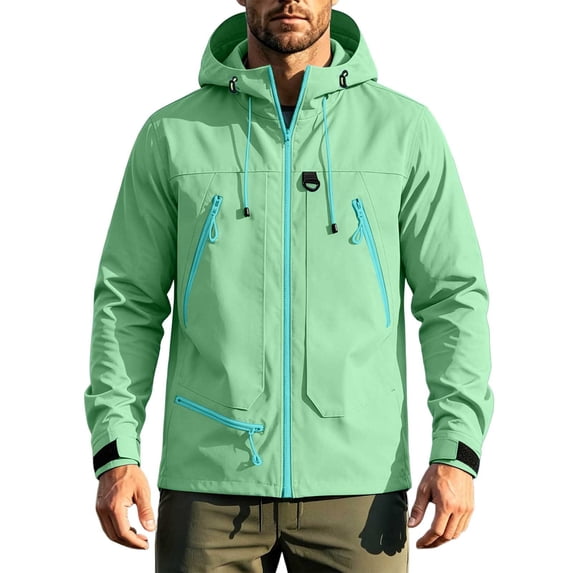 IROINNID Men's Waterproof Hooded Rain Jacket Full Zip Lightweight Outdoor Shell Coat with Contrast Zippers and Adjustable Hood for Hiking Camping Travel