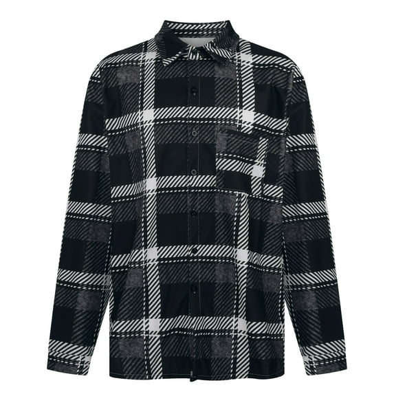 IROINNID Men's Woolen Turndown Lapel Long Sleeve Plaid Comfy Single-breasted Woolen Shirt Jacket Top