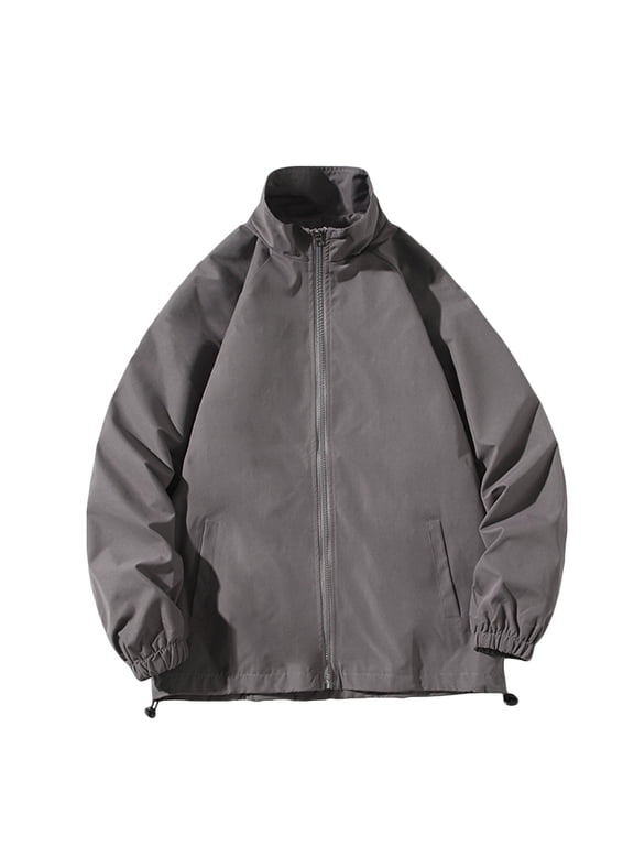 Mens Baseball Jacket Loose Hardshell Jacket Outdoor Sportswear Turtleneck Trench Middle-aged Business Outwear,Dark Gray