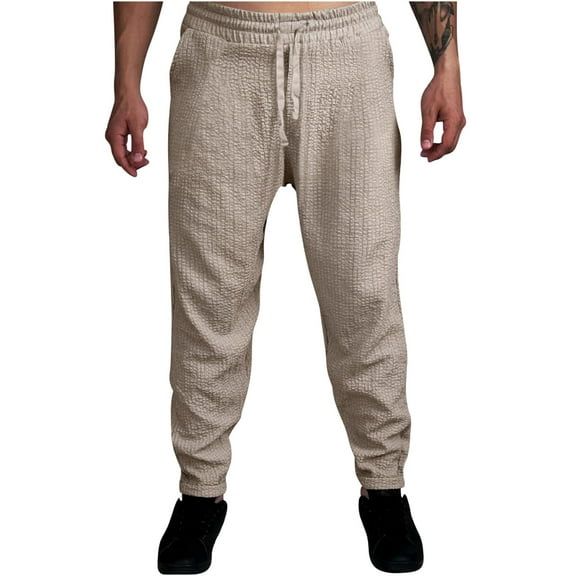 IROINNID Mens Cargo Pants Solid Color Sport Loose Pleated Small Legs Drawstring Solid Color Full Length Pants,Beige