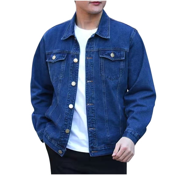 IROINNID Mens Classic Denim Jacket Button Down Solid Color Casual Long Sleeve Jean Coat with Chest Flap Pockets and Side Pockets for Outdoor Daily Wear