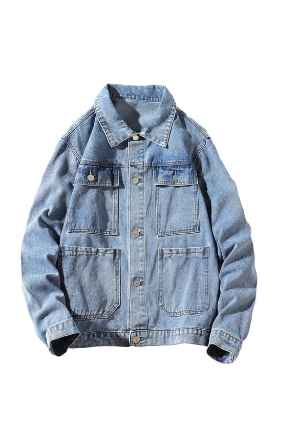 Mens Denim Jacket Loose Retro Denim Clothing Youth Jacket Long Sleeve Hoodless Outwear,Blue