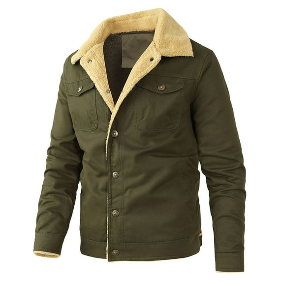 IROINNID Mens Fleece Jacket Savings Leisure Pure Color Turn-down Collar Down Button Cardigan Warm Cotton Jacket,Olive Green