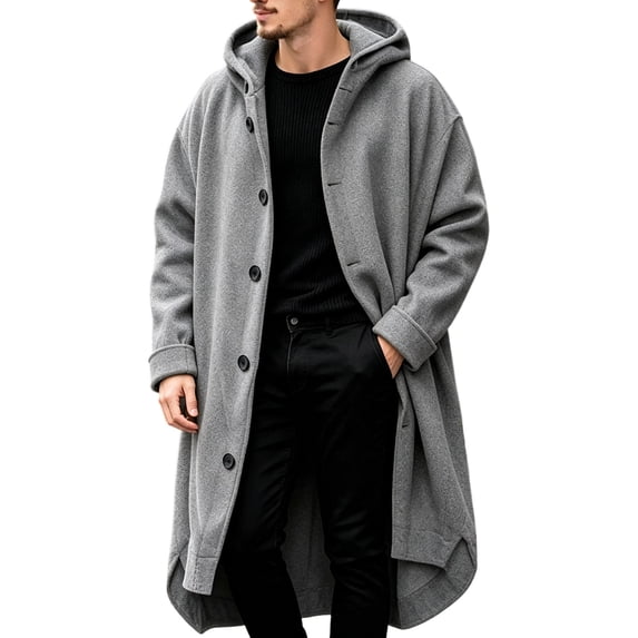 IROINNID Mens Hooded Long Overcoat Button Front Winter Warm Coat with Side Pockets Solid Color Wool Blend Long Sleeve Casual Outerwear for Daily Commute and Weekend Wear