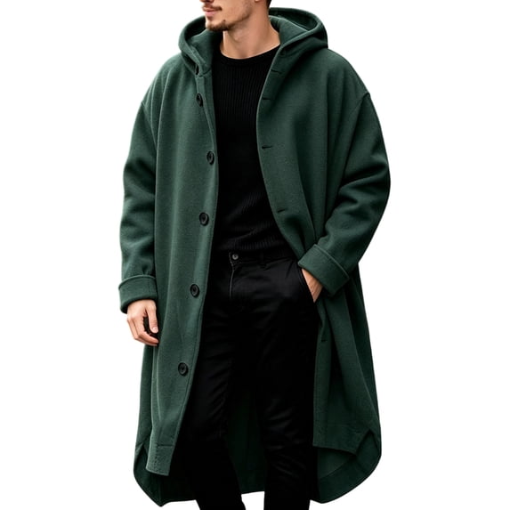 IROINNID Mens Hooded Long Overcoat Button Front Winter Warm Coat with Side Pockets Solid Color Wool Blend Long Sleeve Casual Outerwear for Daily Commute and Weekend Wear