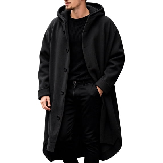 IROINNID Mens Hooded Long Overcoat Button Front Winter Warm Coat with Side Pockets Solid Color Wool Blend Long Sleeve Casual Outerwear for Daily Commute and Weekend Wear