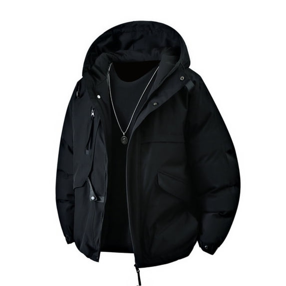 IROINNID Mens Hooded Winter Parka Full Zip Multi Pocket Thick Padded Workwear Coat Solid Color Long Sleeve Casual Outdoor Outerwear for Daily Wear