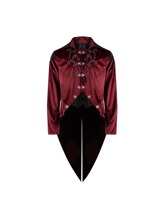Mens Leisure Gothic TailCoat Steampunk Retro Tail Coat Medieval Lapel Court Dress Slim Coat,Red