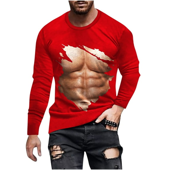 IROINNID Mens Long Sleeve T Shirts Graphic Print Casual Muscle Revealing T-shirt 3D Non Positioning Printed Round Neck T-shirt Top Blouses ,Red