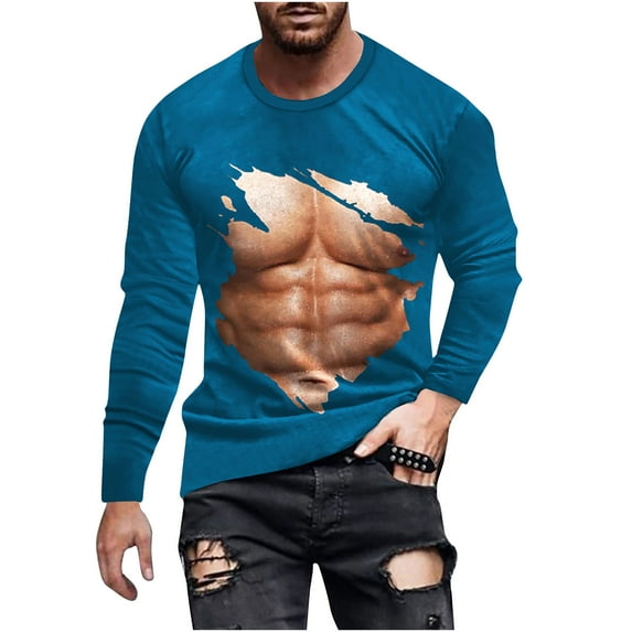 IROINNID Mens Long Sleeve T Shirts Graphic Print Casual Muscle Revealing T-shirt 3D Non Positioning Printed Round Neck T-shirt Top Blouses Savings,Blue
