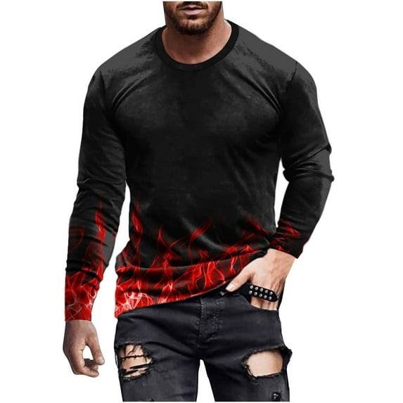 IROINNID Mens Long Sleeve T Shirts Graphic Print Casual Round Neck Pullover 3D Printed T-Shirt Blouse Tops ,Red