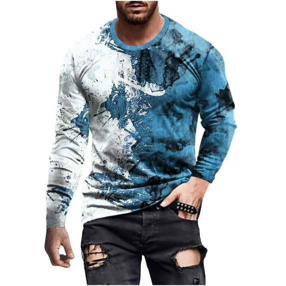 IROINNID Mens Long Sleeve T Shirts Graphic Print Leisure Round Neck Pullover 3D Printed T-Shirt Blouse Tops Deals,Blue