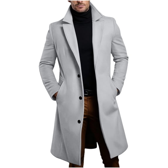 IROINNID Mens Mid Length Wool Blend Overcoat Notch Lapel Button Front Winter Coat Solid Color Casual Outerwear with Side Pockets for Business Commute Daily Wear