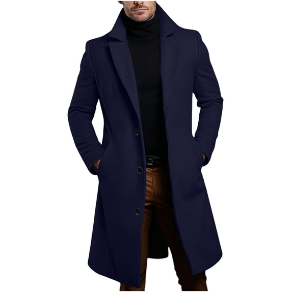 IROINNID Mens Mid Length Wool Blend Overcoat Notch Lapel Button Front Winter Coat Solid Color Casual Outerwear with Side Pockets for Business Commute Daily Wear