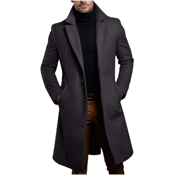IROINNID Mens Mid Length Wool Blend Overcoat Notch Lapel Button Front Winter Coat Solid Color Casual Outerwear with Side Pockets for Business Commute Daily Wear