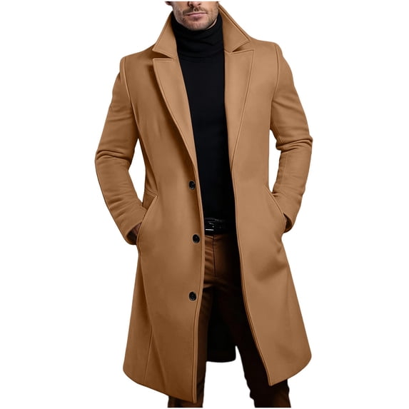 IROINNID Mens Mid Length Wool Blend Overcoat Notch Lapel Button Front Winter Coat Solid Color Casual Outerwear with Side Pockets for Business Commute Daily Wear