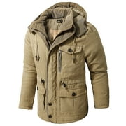 IROINNID Mens Parka Deals Comfy Lamb Velvet Hooded Cotton Jacket Thickened Multi-pocket Cotton Coat,Khaki
