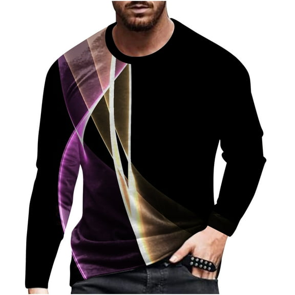 IROINNID Mens Pullover Shirts Long Sleeve Round Neck Pullover Line 3D Printed T-Shirt Blouse,Black