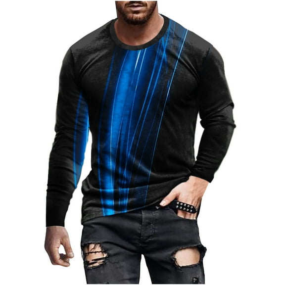 IROINNID Mens Pullover Shirts Long Sleeve Round Neck Pullover Line 3D Printed T-Shirt Blouse,Blue