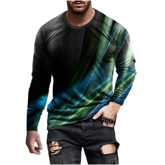 IROINNID Mens Pullover Shirts Long Sleeve Round Neck Pullover Line 3D Printed T-Shirt Blouse,Green