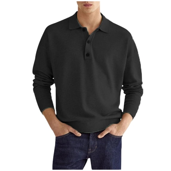 IROINNID Mens Pullover Shirts Long Sleeve Solid Turndown Pullover Button Blouse,Black
