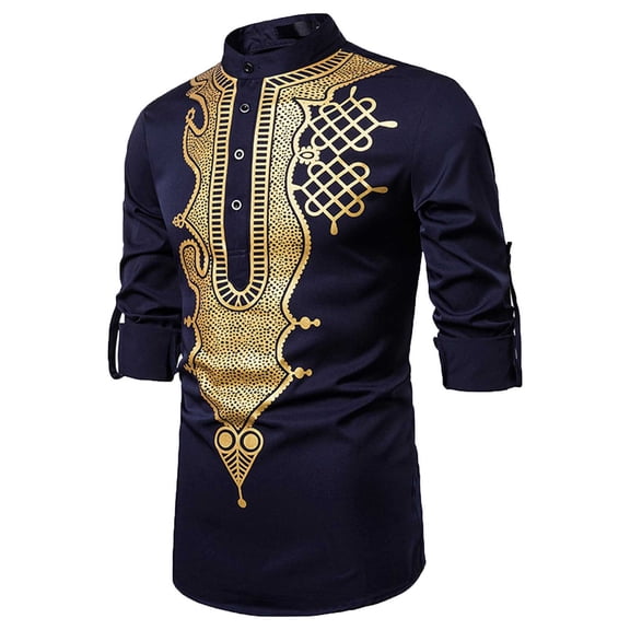 IROINNID Mens Pullover Shirts Long Sleeve Totem d Muslim Vintage Printing Blouse Shirt,Navy