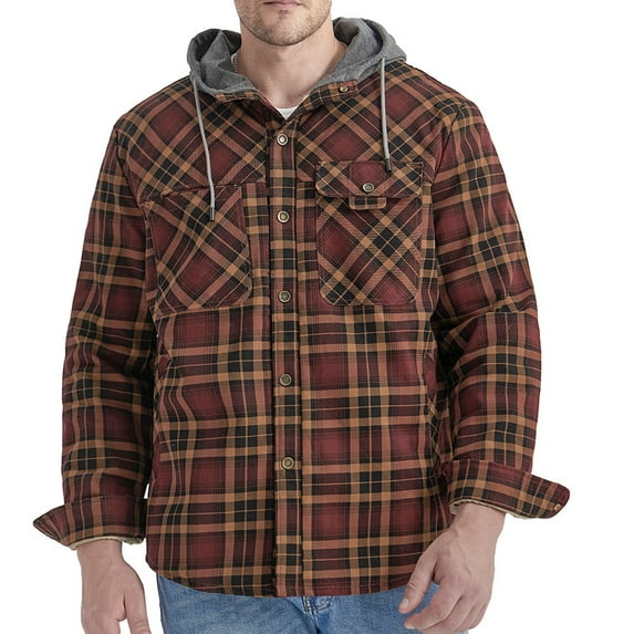 IROINNID Mens Shacket On Sale Loose Plaid Long Sleeve Thickened Button Hooded Pocket Winter Coat Jacket,Coffee