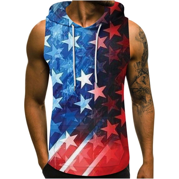 IROINNID Mens Sleeveless Sport Tank Top, Independence Day Tag Free & Moisture Wicking, Soft Undershirts Hooded Pullover Drawstring Ribbed Stretch Fabric