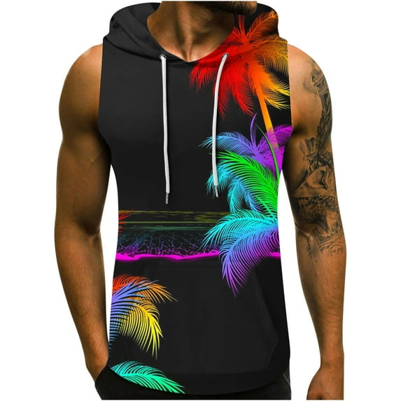 IROINNID Mens Sleeveless Sport Tank Top, Tag Free & Moisture Wicking, Hooded Pullover Drawstring Summer Printing Ribbed Stretch Fabric