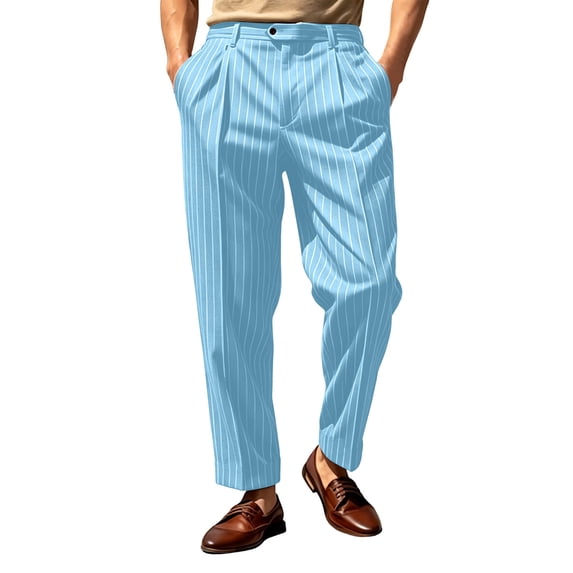 IROINNID Mens Striped Pleated Pants High Waist Casual Dress Trousers with Belt Loops Side Pockets Relaxed Fit Business Work Commute Bottoms