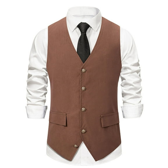 IROINNID Mens Suit Vest Formal Single Breasted Sleeveless Classic Waistcoat Button Dress Suit Vest,Coffee